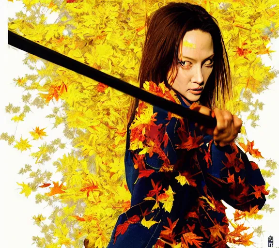 Image similar to breathtaking detailed pattern pastel colors, action scene from kill bill, with angelina jolie ( kill bill ) in yellow kimono, swinging katana sword and autumn leaves, fuji, by hsiao - ron cheng, exquisite detail, enhanced eye detail