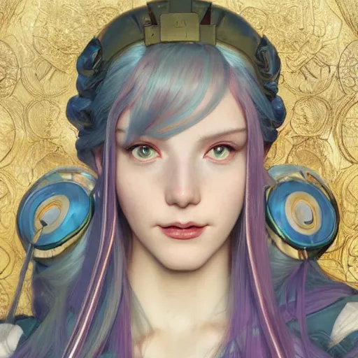 Image similar to Masterpiece head and shoulders portrait of Jinx from League of Legends of Arcane animated Series drawn by Donato Giancola and Makoto Shinkai, Edmund Leighton, Alphonse Mucha, background by James Jean and Gustav Klimt, 4k, porcelain skin, volumetric lighting, komorebi, french nouveau, trending on artstation, octane render, hyperrealistic