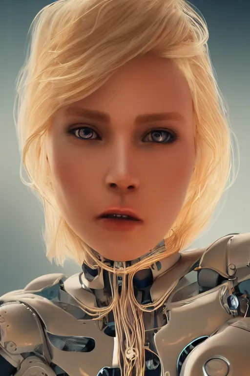 Image similar to a beautiful woman with blonde hair wearing robot suit with wires and light, highly detailed, photorealistic, artstation, smooth