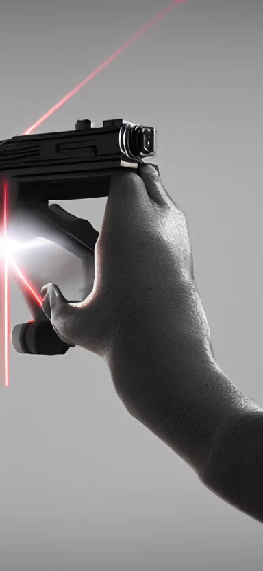 Image similar to “ hand in glove holding laser gun from the side, cinematic, digital art, unreal engine 5 render, award winning ”