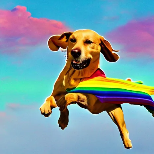 Prompt: a dog flying with rainbow