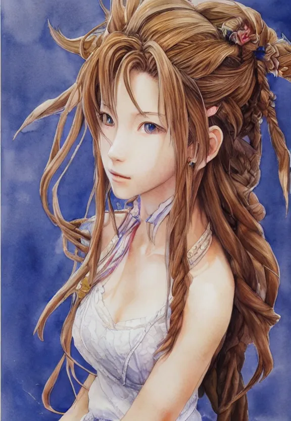 Image similar to a full-body watercolor painting of Aerith Gainsborough by Yoshitaka Amano, highly detailed, intricate, trending on artstation, award-winning