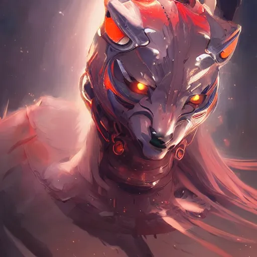 Image similar to A portrait of a cybernetic kitsune, trending on artstation, digital art, by Stanley Artgerm Lau, WLOP, Rossdraws, James Jean, Andrei Riabovitchev, Marc Simonetti, Yoshitaka Amano