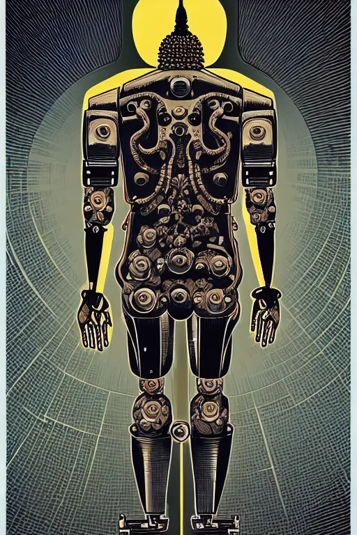 Prompt: a study of cell shaded of a cyborg robot 1000-armed buddha, golden ratio, character concept art by James Jean, Mike Mignola, Laurie Greasley, highly detailed, sharp focus, sharp linework, clean strokes, Artstation, composition by Shepard Fairey