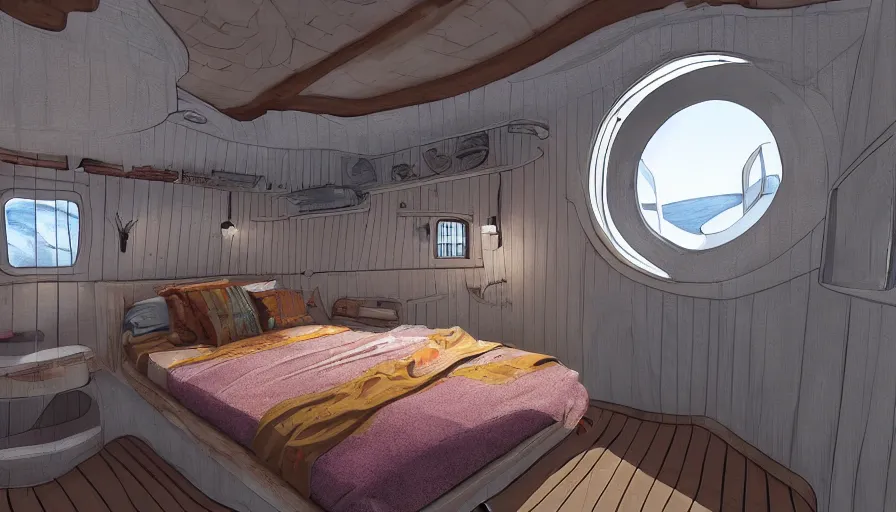 Prompt: a small cabin on a ship. there's a porthole and a bed, digital art, highly detailed, realistic, bright colors, 8 k