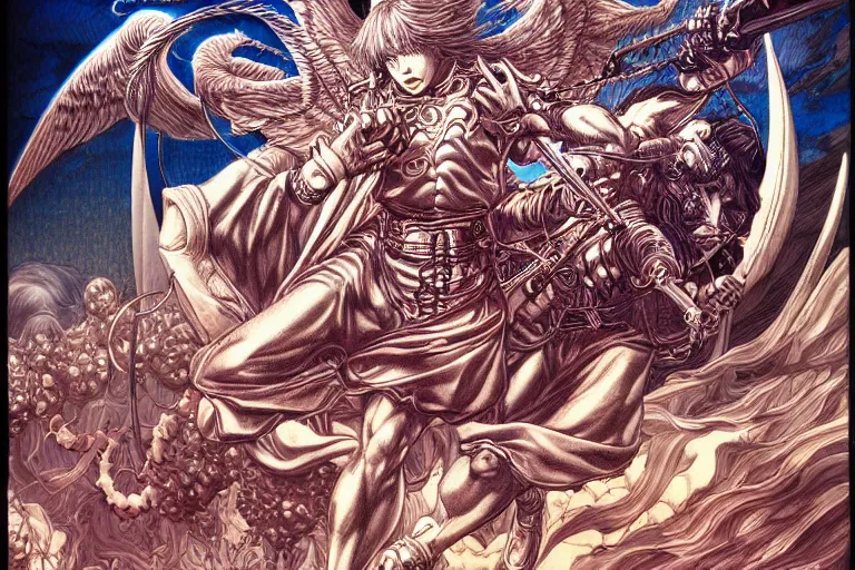 Image similar to hyper detailed illustration of angels battling demons, intricate linework, in the stlye of moebius, ayami kojima, 90's anime, retro fantasy