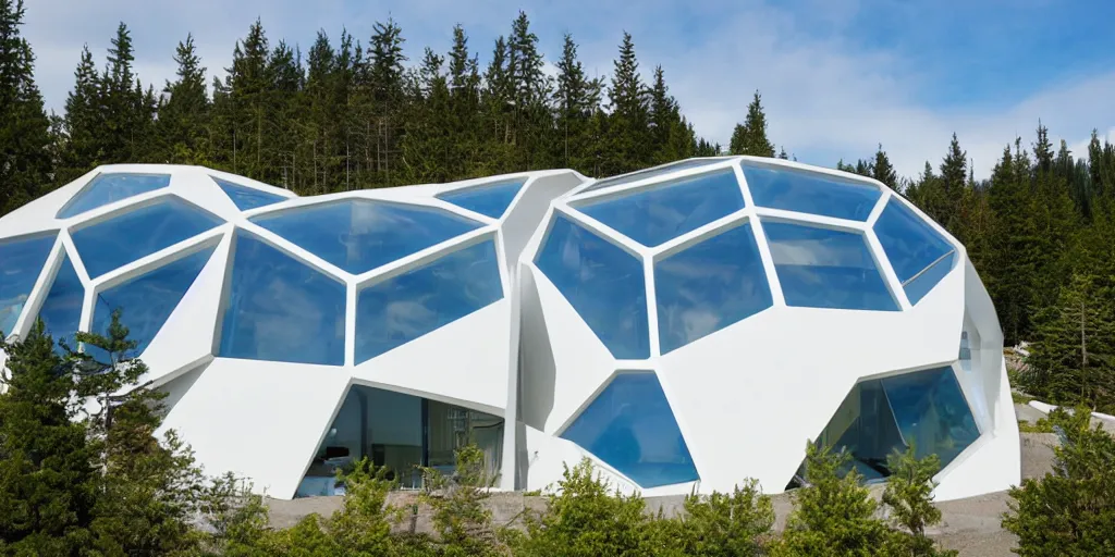 Image similar to large futuristic residence, white concrete, blue and yellow metal, many large green windows, pacific northwest, geodesic elements