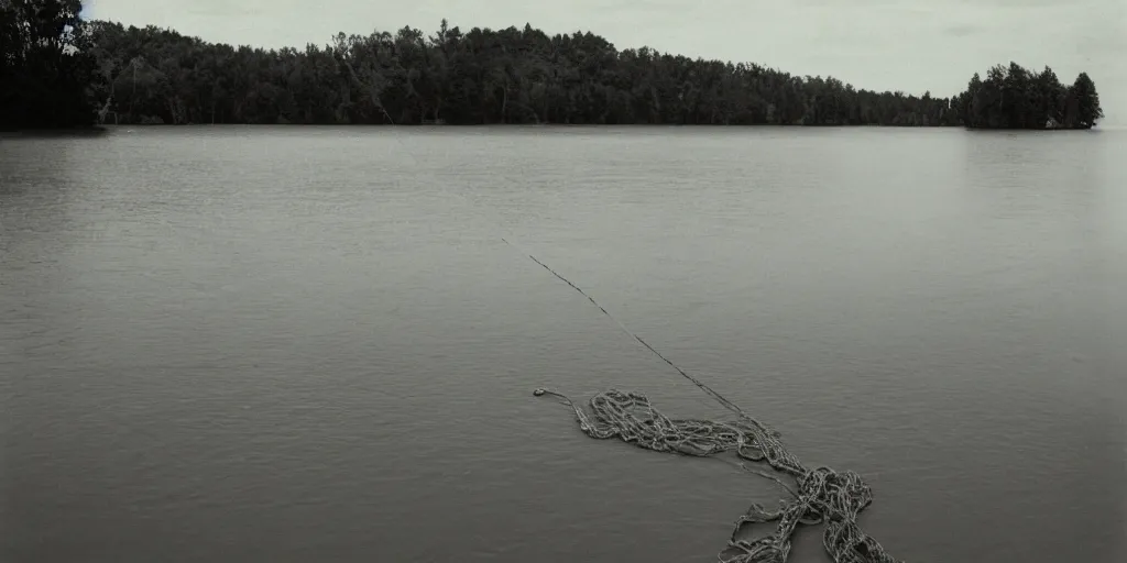 Prompt: centered photograph of one single line of thick big brown, long tan rope floating on the surface snaking and stretching out to the center of the lake, a dark lake sandy shore on a cloudy day, color film, trees in the background, hyper - detailed kodak colorful film photo, anamorphic lens