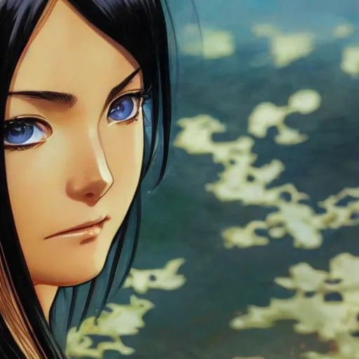 Image similar to highly detailed vfx portrait of nico robin by eiichiro oda!, makoto shinkai, alphonse mucha, sharp focus, art by artgerm and greg rutkowski!, backlit, harsh overhead sunlight, blue eyes!!, large aquiline nose!!, stanley kybric, kaoru mori, shadows, best of behance,