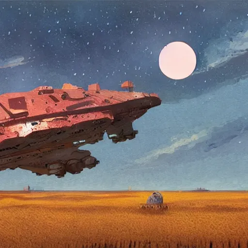 Image similar to war heavy spaceship above the field of wheat with blue skies and dark red detailed moon by Ian McQue