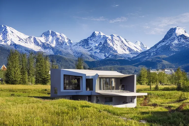 Image similar to architecture photo modern fachwerk house cottage settlement with Elbrus mountain on the background, architecture, high-tech technology, futuristic ecocity, photorealism 8k , high details