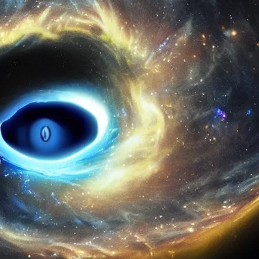 Prompt: A beautiful blue glowing galaxy forming a dragon's eye with the pupil being a black hole