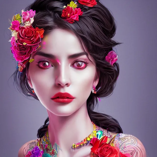 Image similar to studio portrait absurdly beautiful, elegant, lovely, young hypercolorful sensual latina idol rubies red petals gems, ultrafine hyperrealistic detailed face illustration by kim jung gi, irakli nadar, intricate linework, sharp focus, bright colors, matte, octopath traveler, final fantasy, unreal engine highly rendered, global illumination, radiant light, intricate rainbow environment