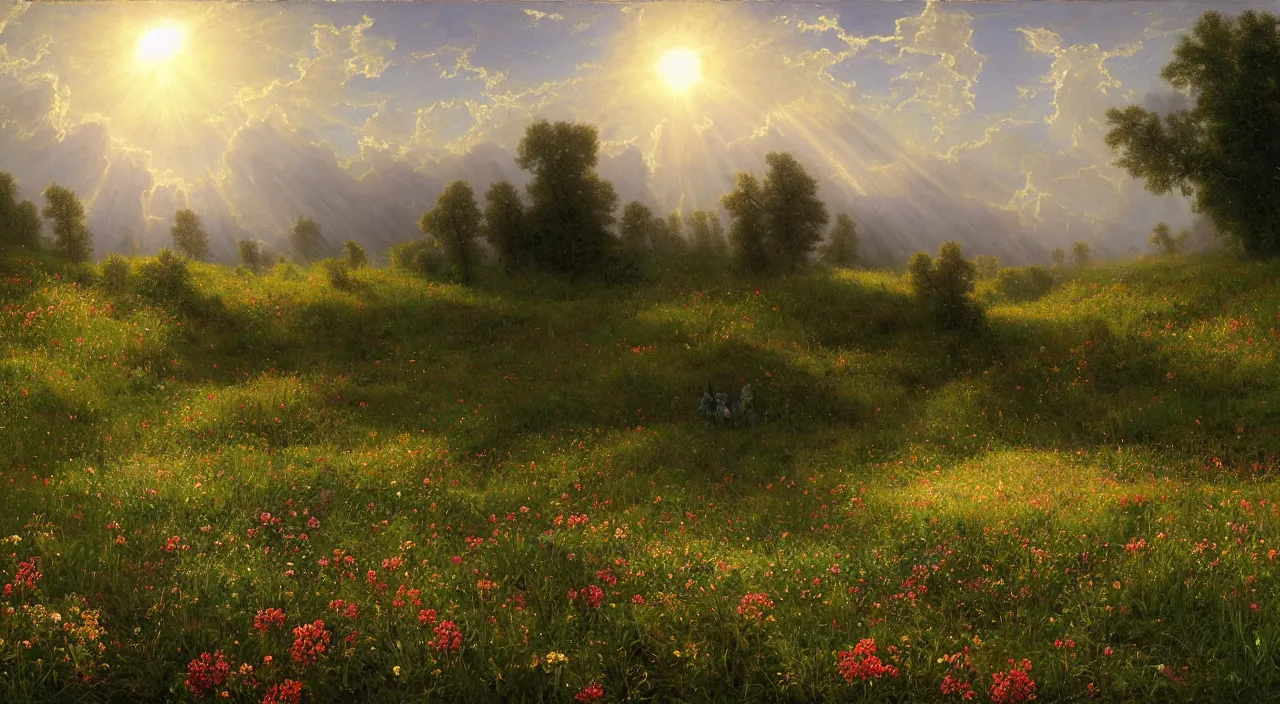 Image similar to rhythmic interval tectonic surfaces as resonant waves of harmonic organic mystical megastructure crystal lattices in a meadow full of wildflowers by albert bierstadt, by glen small, photorealistic, god rays, octane, depth of field,