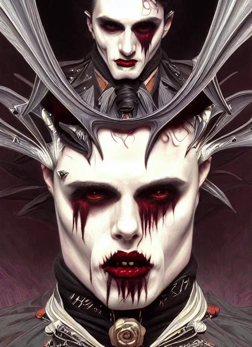 Image similar to hyper detailed ultra sharp painting of a vampire count male. trending on artstation, warpaint aesthetic, darkwave, gothic, eerie, ornate, intricate, digital painting, concept art, smooth, sharp focus, illustration, art by artgerm and james jean, gilleard james and alphonse mucha, 8 k