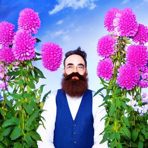 Image similar to a portrait of a man with flowers grow in the beard, roses peonies forget-me-nots dahlias lupins gladioli, sky theme in background, 35mm Photograph, 4K Resolution, Astrophotography, Digital Art, Trending on artstation