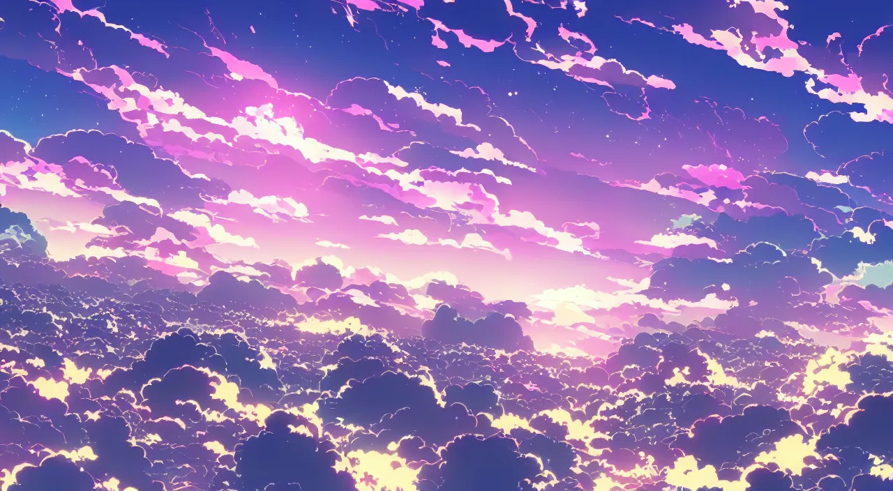 Prompt: a screenshot from the anime film of the distant sky at dusk, horizon, distant synthwave city, pretty clouds, atmospheric nighttime