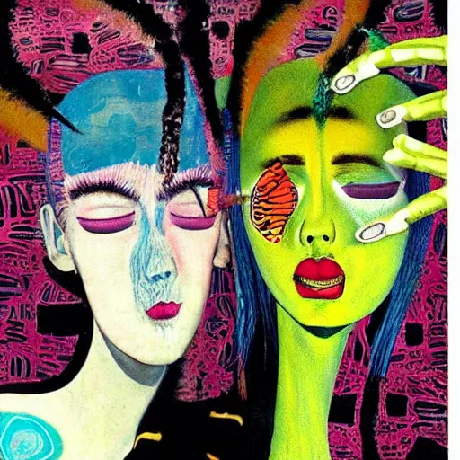 Image similar to beautiful painting of two bizarre psychedelic women kissing each other closeup in tokyo in springtime, speculative evolution, mixed media collage by basquiat and junji ito, magazine collage art, paper collage art, sapphic art, lesbian art