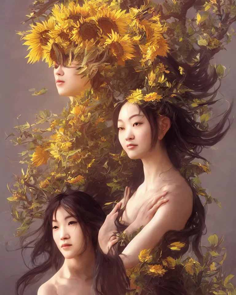 Prompt: character concept portrait of the sunflower goddess, an beautiful east-asian deity that channels sunlight and brings joy, intricate, elegant, digital painting, concept art, smooth, sharp focus, illustration, from Metal Gear, by Ruan Jia and Mandy Jurgens and William-Adolphe Bouguereau, Artgerm