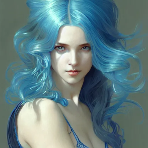 Image similar to goddess, blue hair, intricate, elegant, ethereal, highly detailed, retro, digital painting, artstation, concept art, smooth, sharp focus, full body shot, illustration, art by artgerm and greg rutkowski and alphonse mucha