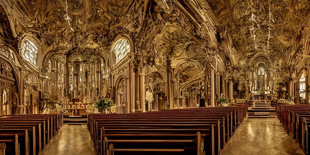 Image similar to the interior of an elegant church filled with detailed ornaments, fantasy, intricate, elegant, modern photo