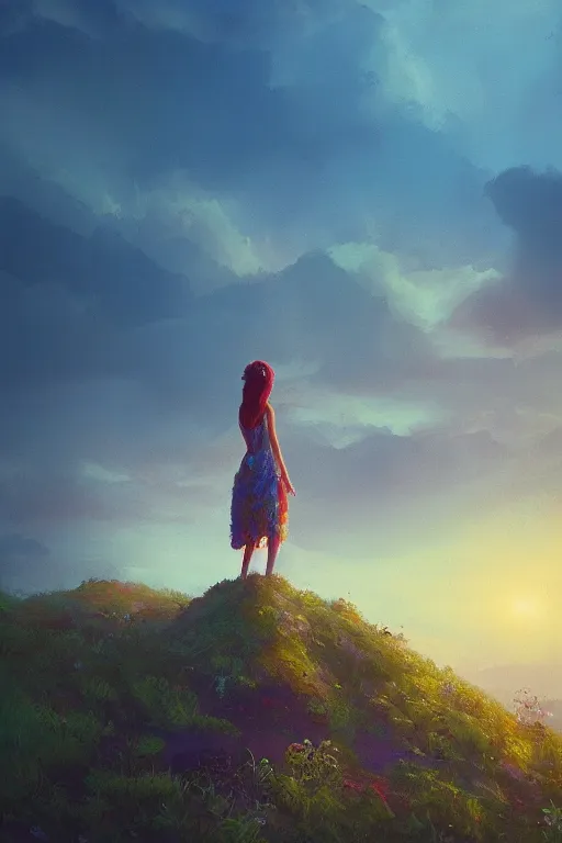 Image similar to closeup, giant flower head, girl standing on cliff, surreal photography, sunrise, blue sky, dramatic light, impressionist painting, digital painting, artstation, simon stalenhag