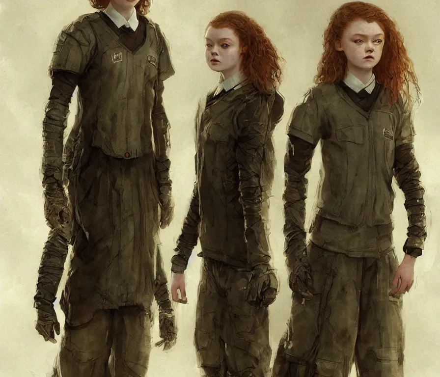 Image similar to sadie sink dressed in oversized school uniform : costume concept for a scifi cyberpunk film. by greg rutkowski, gustave courbet, greg staples, rosa bonheur. sharp focus, cinematic atmosphere, detailed and intricate, perfect anatomy