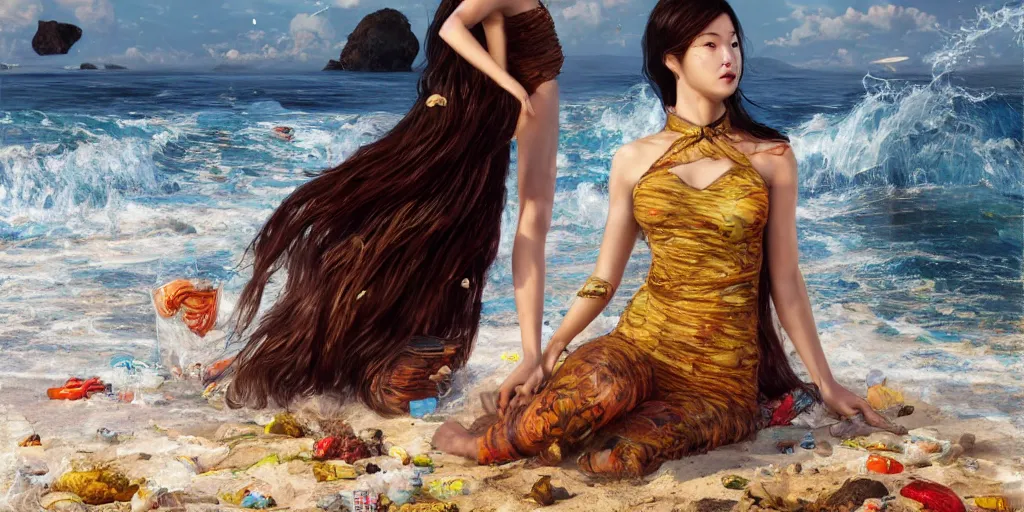 Image similar to ! dream photorealistic long shot of big sun rough sea and jagged rocks, nets, plastic bottles, garbage, sand and sea, golden hour, dark mystical goddess wearing a qipao, cheongsam, environmental, fantasy, atmospheric, hyper realistic, artstation, art by artgerm, andres rodriguez and john william waterhouse