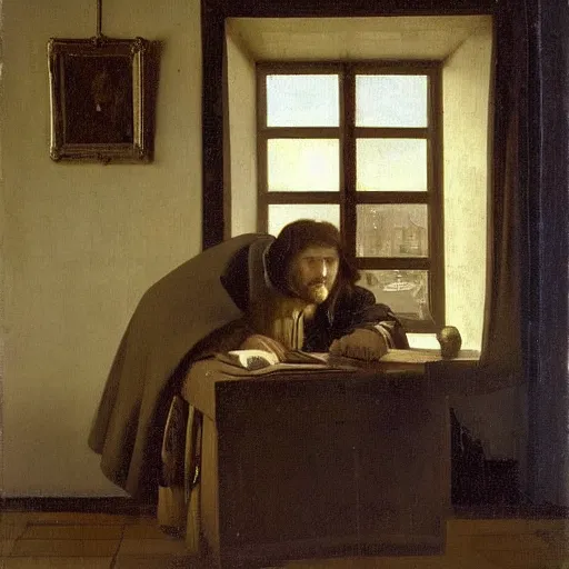 Image similar to An oil painting of Antonie van Leeuwenhoek sat at an escritoire desk with his hand touching a large fossil, there is a window with muntins to his left and a wood closet behind him, in the style of The Astronomer by Vermeer, Dutch Golden Age, Old Masters