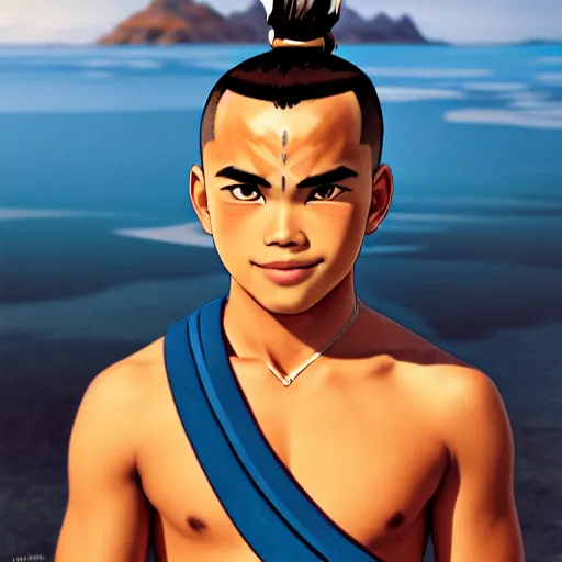 Image similar to beautiful serene intricate photograph of sokka from the water tribe as an inuit young man, dark hair, light blue eyes, smiling softly, relaxing on the beach, golden hour, soft focus, 8 k, art by irakli nadar, hyperrealism, hyperdetailed, ultra realistic