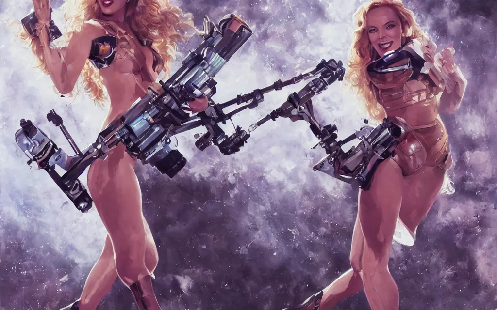 Image similar to kylie minogue as barbarella. floating through an airlock, holding a raygun. soft lighting. glamorous. sophisticated. hyper detailed painting. trending on artstation. cinematic.