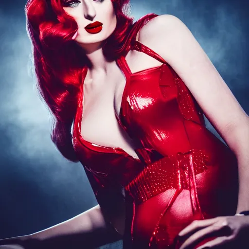 Prompt: photography detailed face sophie turner as jessica rabbit in her red dress, femme fetal, darkroom, dramatic high contrast lighting like sin city, ultra - realistic, intricate detail, 8 k