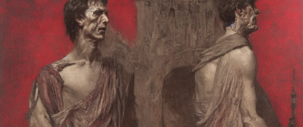 Image similar to the end is near. a tired julius caesar is sitting on a throne. face is highly detailed. splices of red are running down his toga. mist. close - up shot. dark background. soft light. imagined by jeremy lipking and alphonse mucha