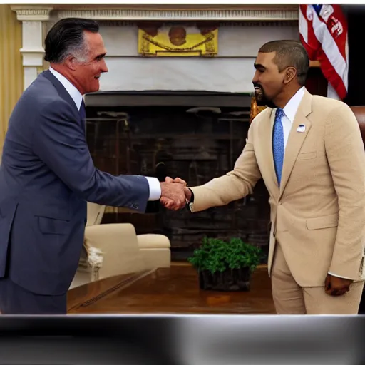 Image similar to professional photograph of Mitt Romney and Kanye West shaking hands in the oval office, 8k, very detailed, very intricate,