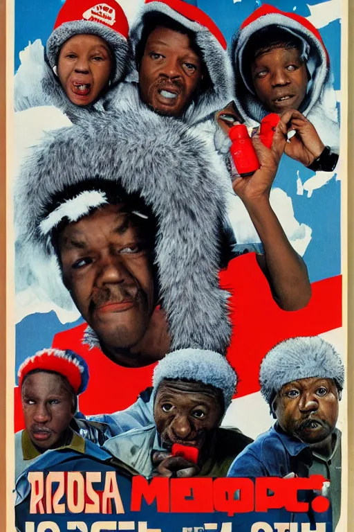 Image similar to poster the movie 1 9 8 8 ussr don't be a menace to south central while drinking your juice in the hood, perfect symmetrical eye, gray fur hat soviet soviet russian winter fur cap with earflaps ushanka, bottle of vodka, bears, kremlin babushka communist criminal