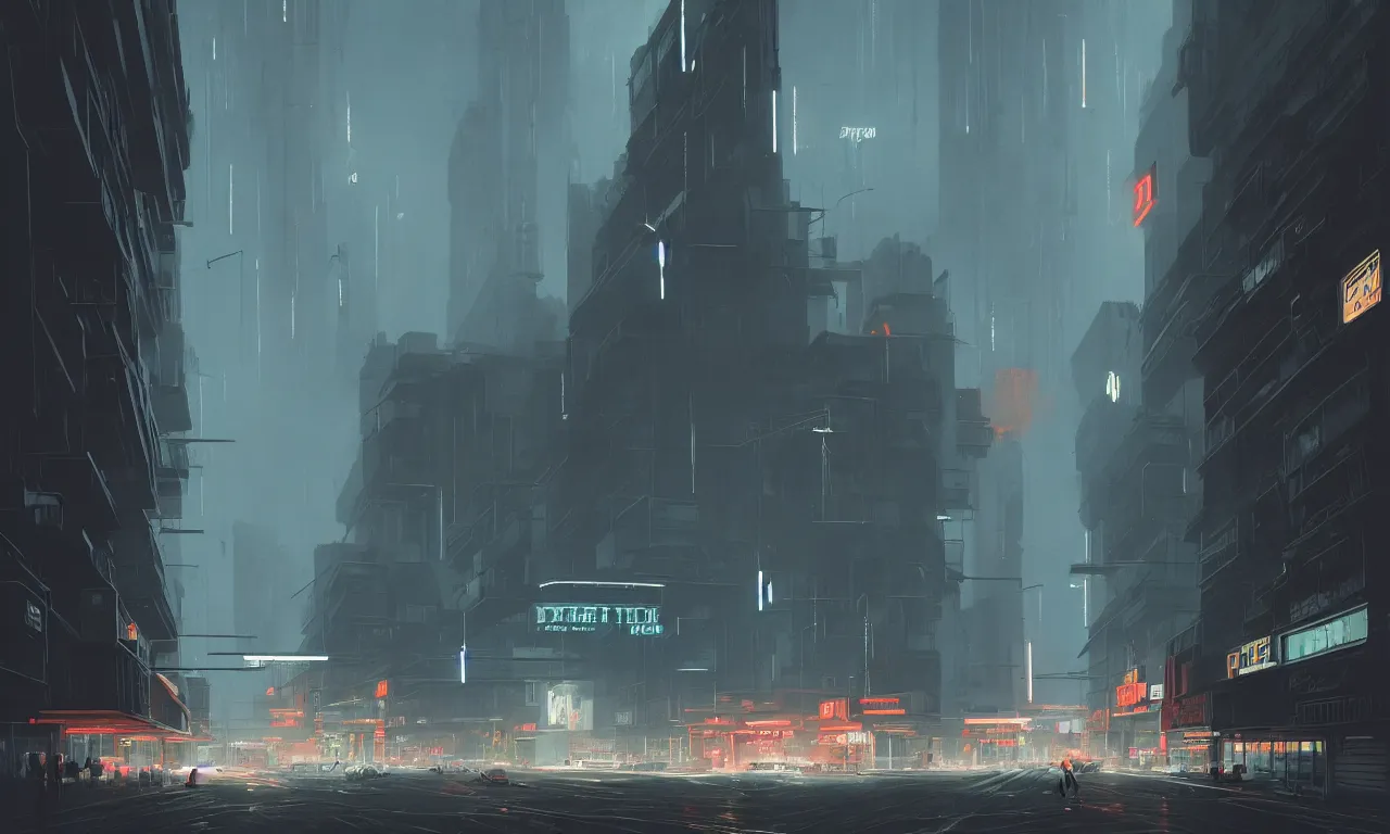 Image similar to streetscape, simple brutalist architecture, white neon lighting, neon signs, flying vehicles, pedestrians, greg rutkowski, syd mead, ralph mcquarrie, concept art, matte painting, finely detailed, minimal artifacts, rule of thirds, dynamic lighting, cinematic, detailed, denoised, centered