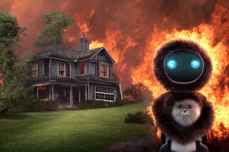 Image similar to <picture quality=4k-ultra-hd mode='attention grabbing'>Adorable fluffy robot looks into the camera sinisterly as a house burns behind it - inspired by Disaster Girl</picture>