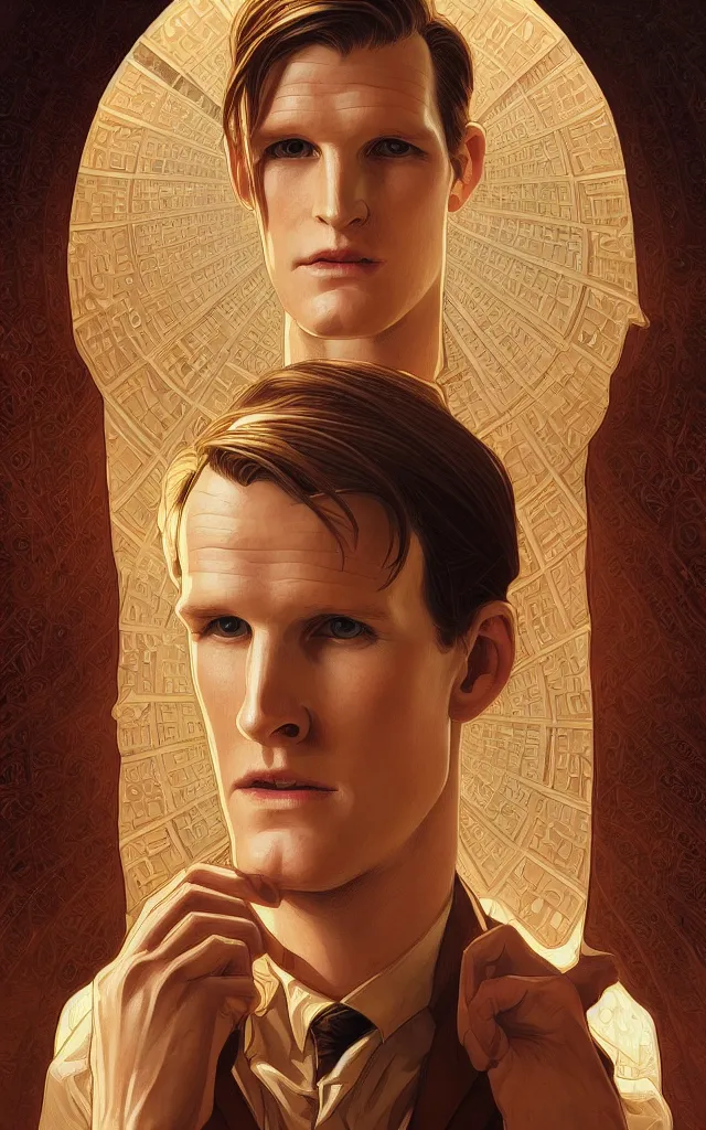 Image similar to symmetry portrait of matt smith, intricate, elegant, highly detailed, digital painting, artstation, concept art, smooth, sharp focus, illustration, art by artgerm and greg rutkowski and alphonse mucha