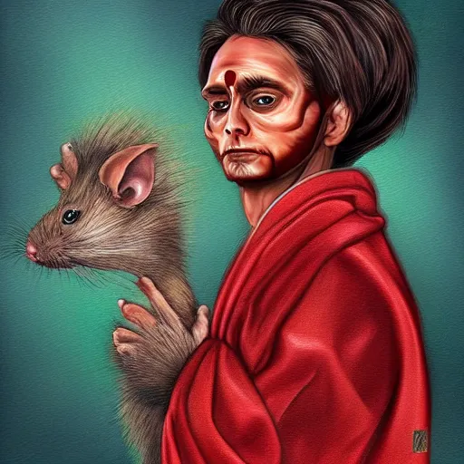 Image similar to a portrait of a human-rat mutant hybrid mutant with brown fur wearing a red kimono, painting, realistic, digital art