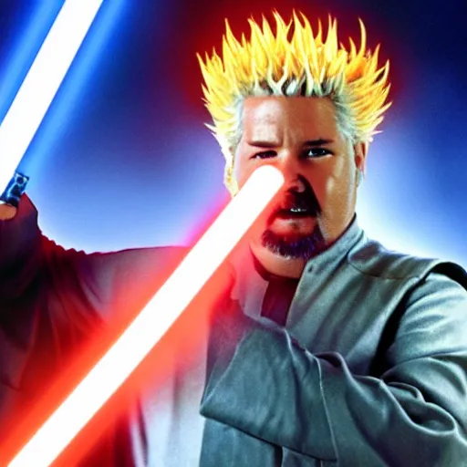 Prompt: Guy Fieri in Star Wars Revenge of the Sith, Jedi Knight, blue light saber, movie still, cinematic, kodak 2383, 35mm anamorphic lens, by George Lucas