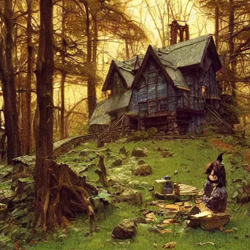 Prompt: witch cottage in the forest, art by norman rockwell and donato giancola and greg rutkowski