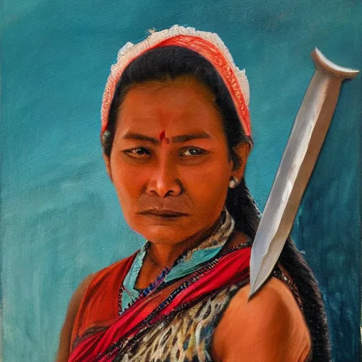 Image similar to a nepali woman carrying a sword, fierce, oil painting