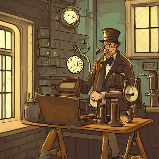 Image similar to muted colors, steampunk, comic book illustration, old victorian professor in his laboratory, detailed, cinematic lighting