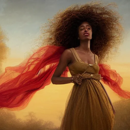 Prompt: a brown skinned queen with long dark curly hair and a red dress, windy, golden ribbons, stars, stoic, modern, shes alone, maximalist fashion dress, hyperdetailed, dramatic, epic painting, painted by jean honore fragonard and greg rutkowski, sunset skies, full body, octane render, sharpness, 8 k, golden ratio