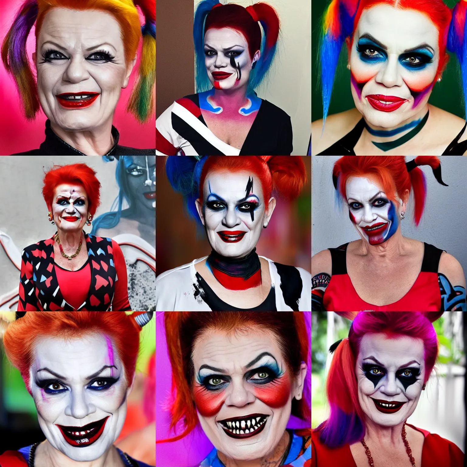 Prompt: Pauline Hanson wearing Harley Quinn makeup, portrait photograph, ultra realistic