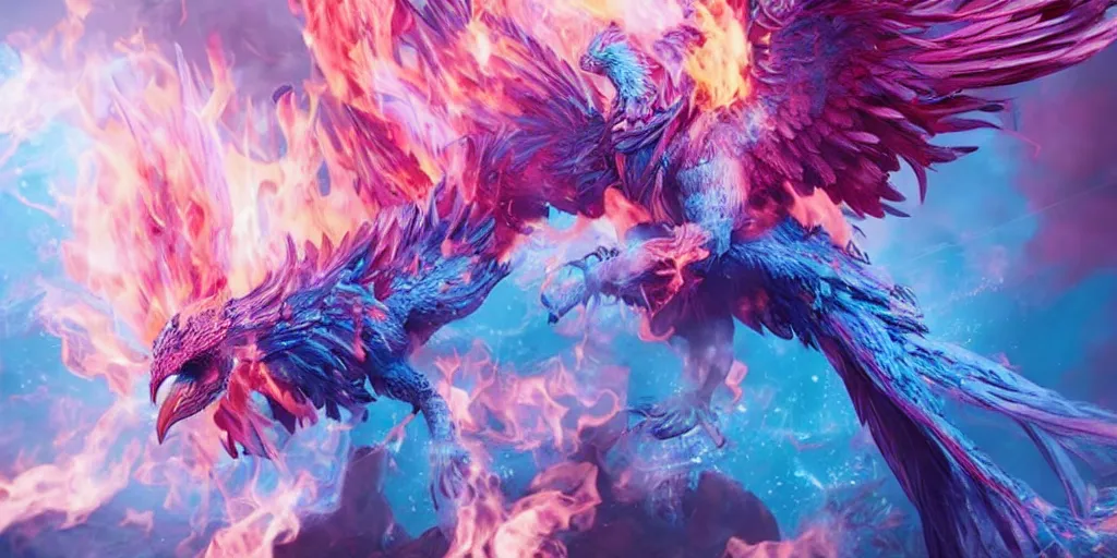 Image similar to pink and blue flaming phoenix, character portrait, unreal engine 5, intricate, detailed, realistic, masterpiece