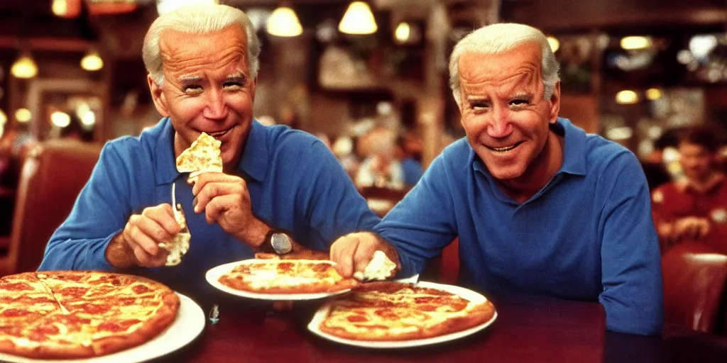 Image similar to color film of joe biden eating pizza in an italian restaurant 1 9 9 4 im the film of good will hunting, grinning, close up, high quality ultra realistic detailed