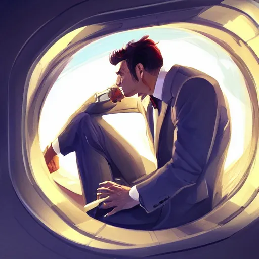 Image similar to A rich man in a suit looking out of the window of a space station ,D&D, elegant, hopeful, muscular, highly detailed, digital painting, artstation, concept art, smooth, sharp focus, illustration