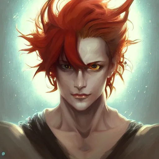 Prompt: portrait of hisoka hunter hunter, male, upper body sharp jaw yellow eyes small eyes red hair, long hair, anime, fantasy, intricate, elegant, highly detailed, digital painting, artstation, concept art, matte, sharp focus, illustration, art by artgerm and greg rutkowski and alphonse mucha