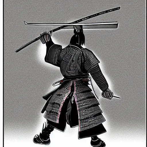 Prompt: A FULL BODY PORTRAIT FROM BEHIND OF A SAMURAI THAT HOLDS 2 KATANAS FROM VAGABOND, ,detailed, concept art, ink style , sketch black and white colors